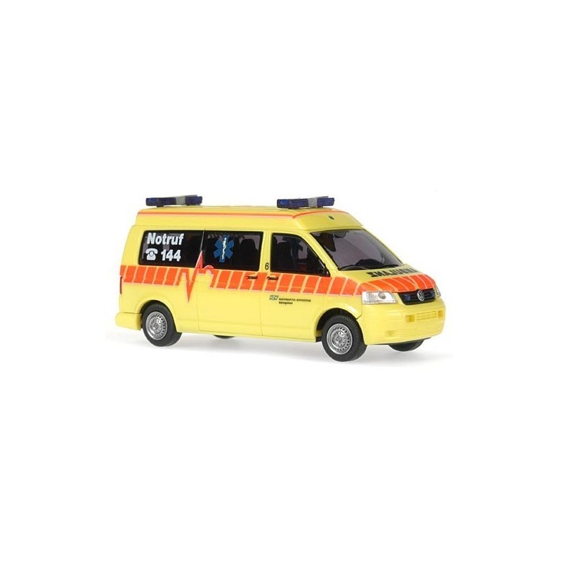 Model redukcyjny Volkswagen T5 KSW Ambulanz Winterthur, skala 1:87, żółty z pomarańczowymi pasami.