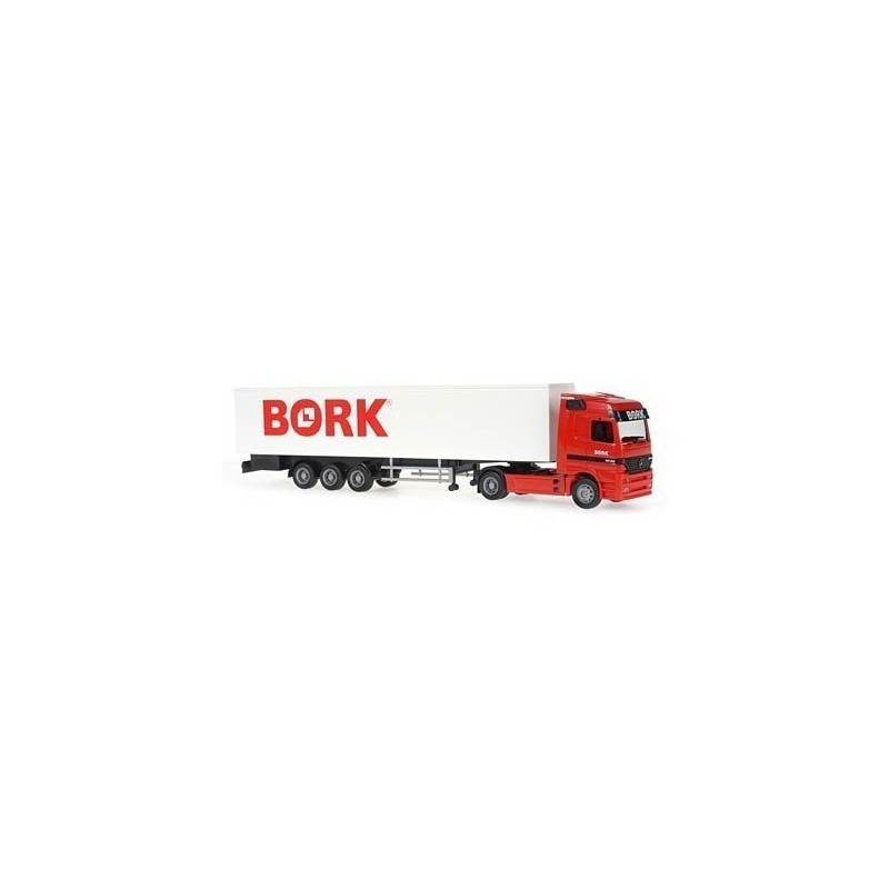Model redukcyjny Mercedes-Benz Actros SZ Spedition Bork, skala 1:87, czerwony z białą naczepą.