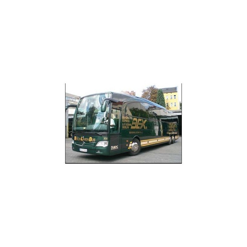 Mercedes-Benz Travego M Bex, skala 1:87, zielony z żółtymi pasami, logo Bex Berlin.