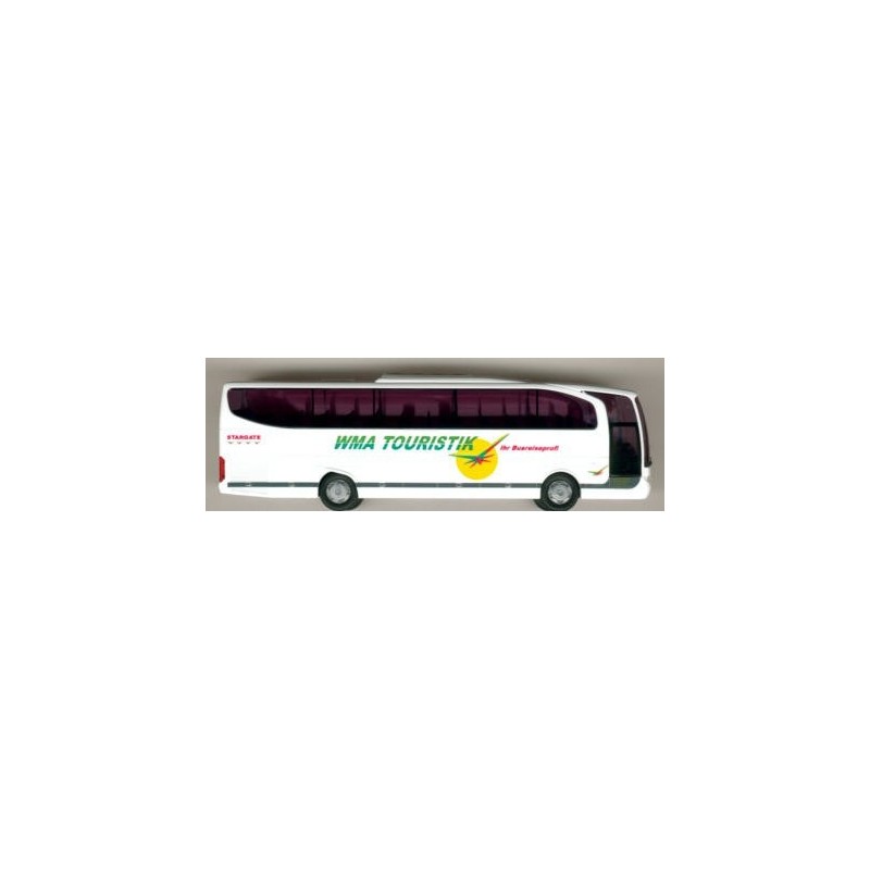 Model autobusu Mercedes Benz MB Travego, skala 1:87, Rietze. Malowanie WMA-Touristik, biały z zielono-czerwonymi detalami.