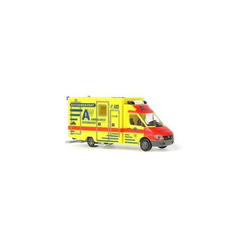 Model redukcyjny karetki MB Sprinter, skala 1:87, Wietmarscher. Żółto-czerwony, logotypy AW Wiesbaden.