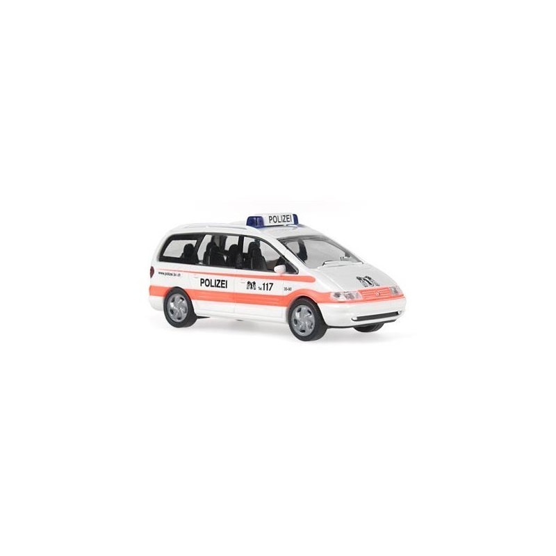 Model redukcyjny Volkswagen Sharan, skala 1:87, nieznany producent. Biały z pomarańczowymi pasami, oznaczenia Kantonspolizei Bas