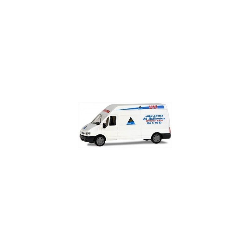 Model redukcyjny FORD Transit 2000 Ambulancias Del Mediterraneo, skala 1:87. Biały ambulans z niebieskimi akcentami i logo UMI.
