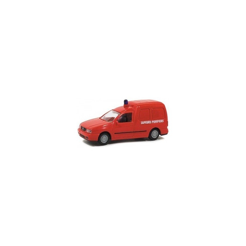 Model redukcyjny VW Caddy Kasten Sapeurs Pompiers, skala 1:87. Czerwony samochód strażacki z napisem Sapeurs Pompiers.