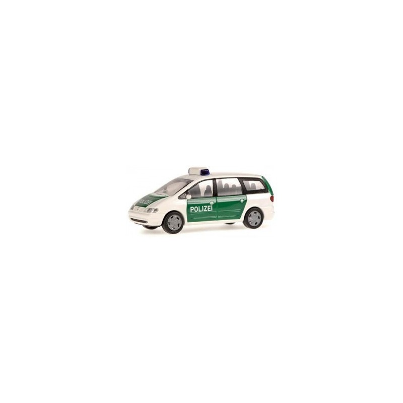 Model redukcyjny VW Sharan Polizei, skala 1:87. Zielone drzwi z napisem "POLIZEI", światła sygnalizacyjne.
