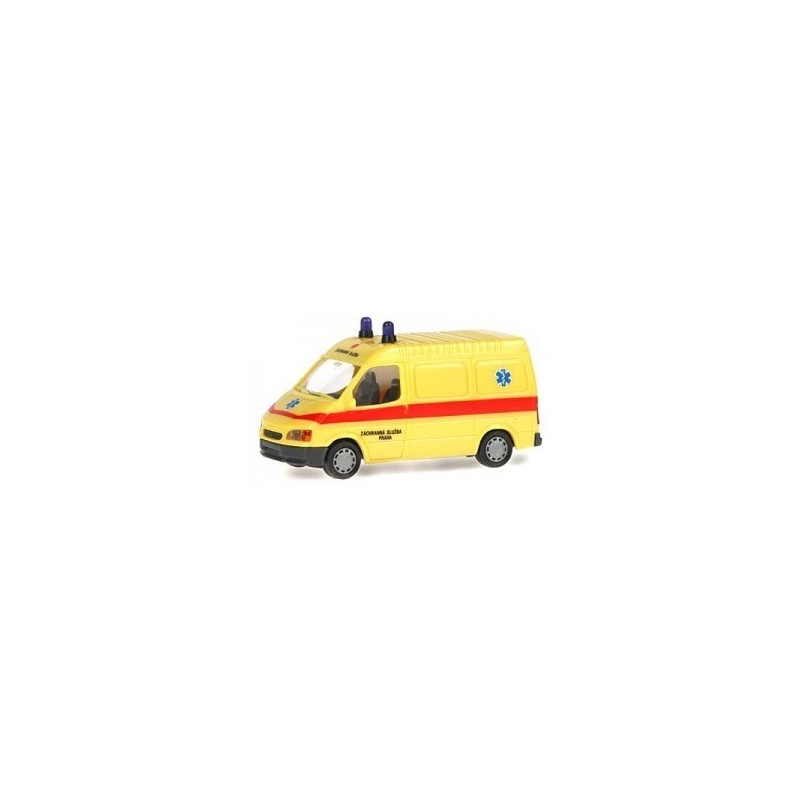 Model redukcyjny FORD Transit Einsatzfahrzeug Prag, skala 1:87. Żółty ambulans z czerwonym paskiem i niebieskimi sygnałami.