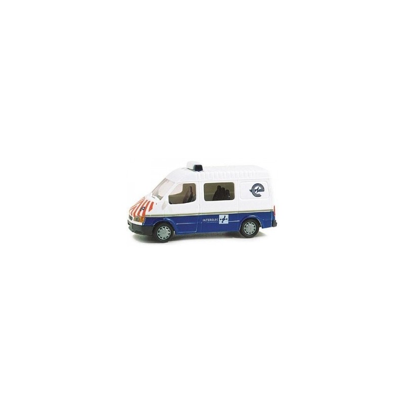 Model redukcyjny Ford Transit Interelec, skala 1:87. Biały i niebieski van z logo Interelec.