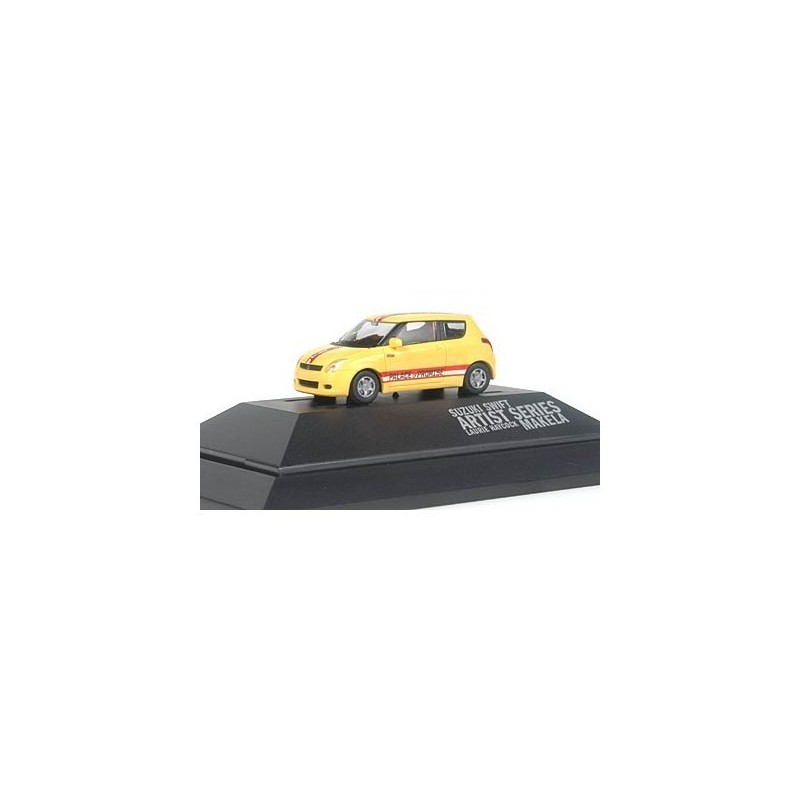 Suzuki Swift, skala 1:87, Artist Series Laurie Haycock Makela, żółty z czerwonymi paskami.