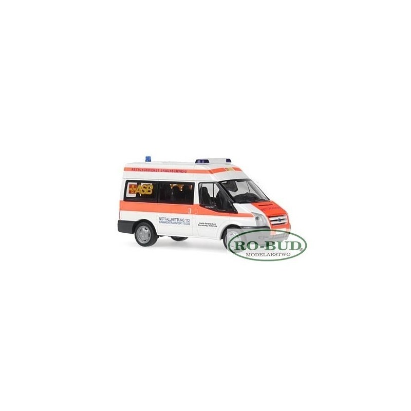 Model redukcyjny Ford Transit 2006, skala 1:87, KTW ASB Braunschweig. Biała i pomarańczowa karetka.
