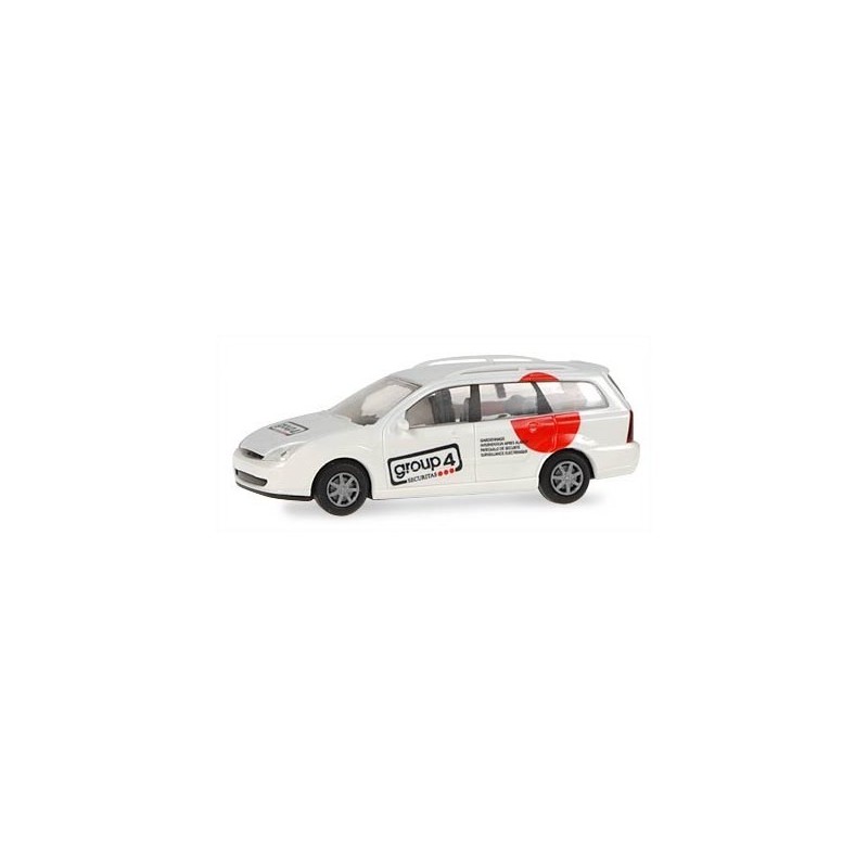 Model redukcyjny Ford Focus Turnier Group 4 Securitas, skala 1:87, biały z czerwonymi detalami.
