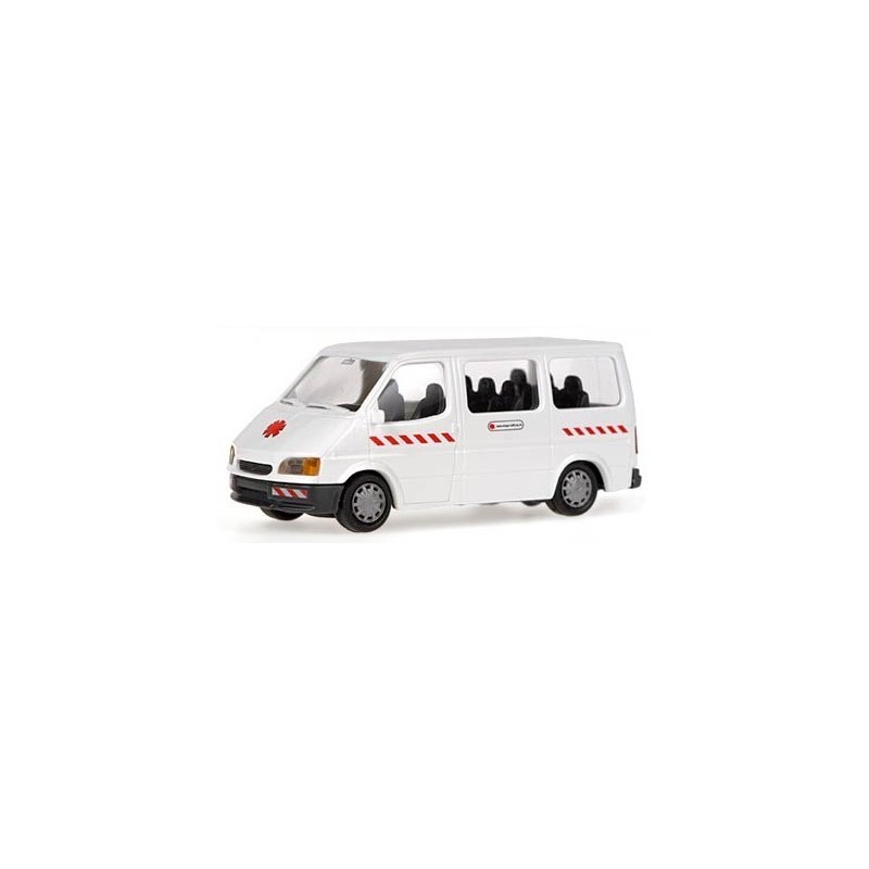Model redukcyjny FORD Transit Björn Steiger Stiftung, skala 1:87. Biały van z czerwonymi paskami.