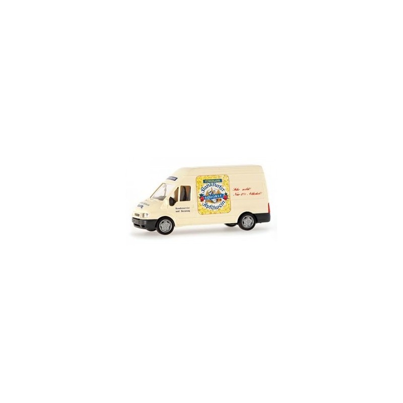 Model redukcyjny Ford Transit 2000 Kelterei Possman, Frankfurt, skala 1:87. biały van z reklamą frankfurckiego kiełbasa.