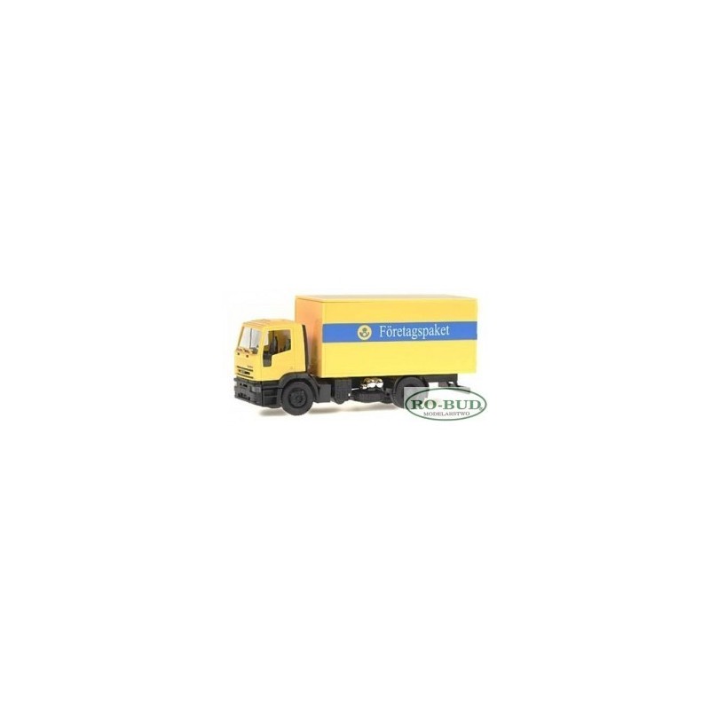 Model redukcyjny IVECO Eurotech, skala 1:87, Herpa. Żółty samochód dostawczy z niebieskim paskiem i napisem Förretagspaket.
