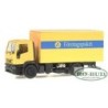 Model redukcyjny IVECO Eurotech, skala 1:87, Herpa. Żółty samochód dostawczy z niebieskim paskiem i napisem Förretagspaket.