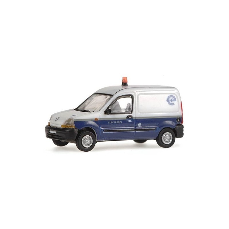 Model redukcyjny Renault Kangoo Electrabel, skala 1:87, srebrno-niebieski z sygnalizacją.
