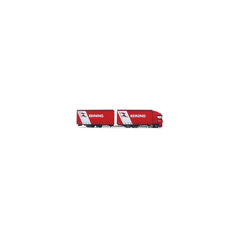 Model DAF XF 105 SC, skala 1:87, AWM. Czerwony ciągnik siodłowy z naczepą, logo Reining.