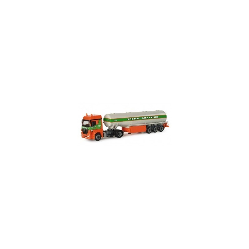 Model redukcyjny Mercedes-Benz Axor "Frikus" (A), skala 1:87, Herpa. Pomarańczowy ciągnik siodłowy z zielonymi akcentami i srebr