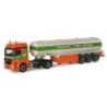 Model redukcyjny Mercedes-Benz Axor "Frikus" (A), skala 1:87, Herpa. Pomarańczowy ciągnik siodłowy z zielonymi akcentami i srebr