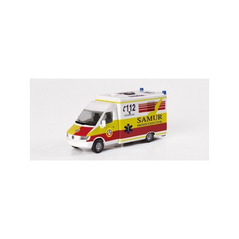 Model redukcyjny karetki Mercedes-Benz Sprinter RTW Strobel "Samur", skala 1:87, Herpa. Czerwono-żółto-biały, oznaczenia C112.