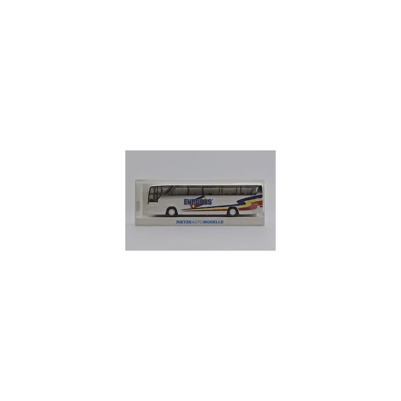 Model redukcyjny MERCEDES O 350 Eurobus, skala 1:87, Rietze. Biały autobus z niebiesko-żółto-czerwonymi pasami.