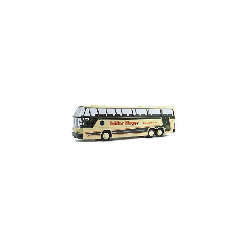 Model redukcyjny NEOPLAN Cityliner Isidor Hager, skala 1:87, Rietze. Żółty autobus z czerwonym napisem.