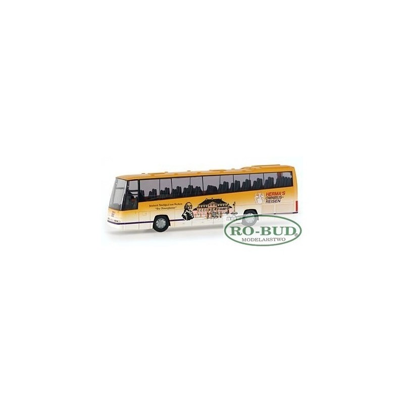 Model redukcyjny autobusu VOLVO B12-600 Herma Reisen, skala 1:87, Herpa. Żółto-biały, szczegółowy model.