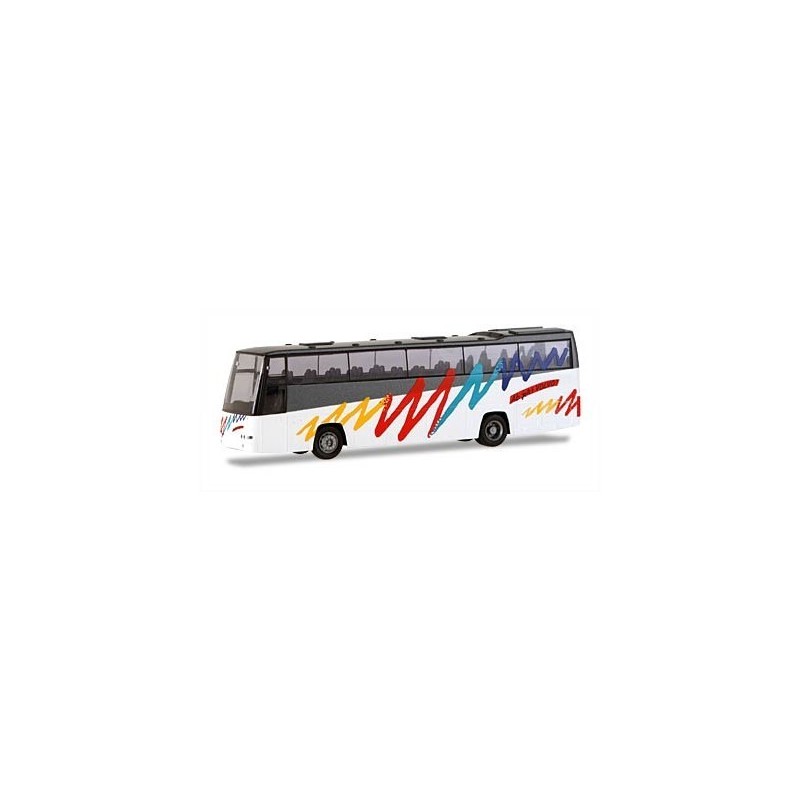 Model redukcyjny autobusu Volvo B12-500, skala 1:87, biały z kolorowymi liniami.