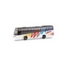 Model redukcyjny autobusu Volvo B12-500, skala 1:87, biały z kolorowymi liniami.