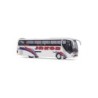 Model redukcyjny MAN Lions Star 2001, skala 1:87, Jakob-Reisen. Biały autobus z czerwono-niebieskimi pasami i napisem "JAKOB".