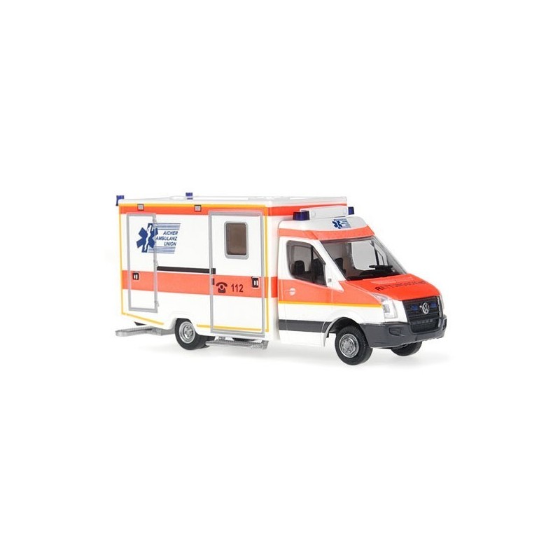 Model redukcyjny VW Crafter RTW "Aicher Ambulance Union", skala 1:87, Wietmarscher. Pojazd ratunkowy w kolorach biało-pomarańczo