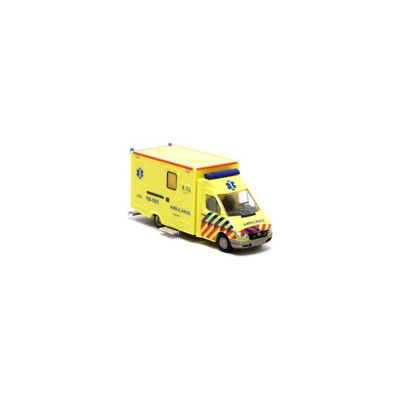 Model redukcyjny karetki MB Sprinter RTW, skala 1:87, Rietze. Żółty, z niebiesko-czerwonymi pasami.