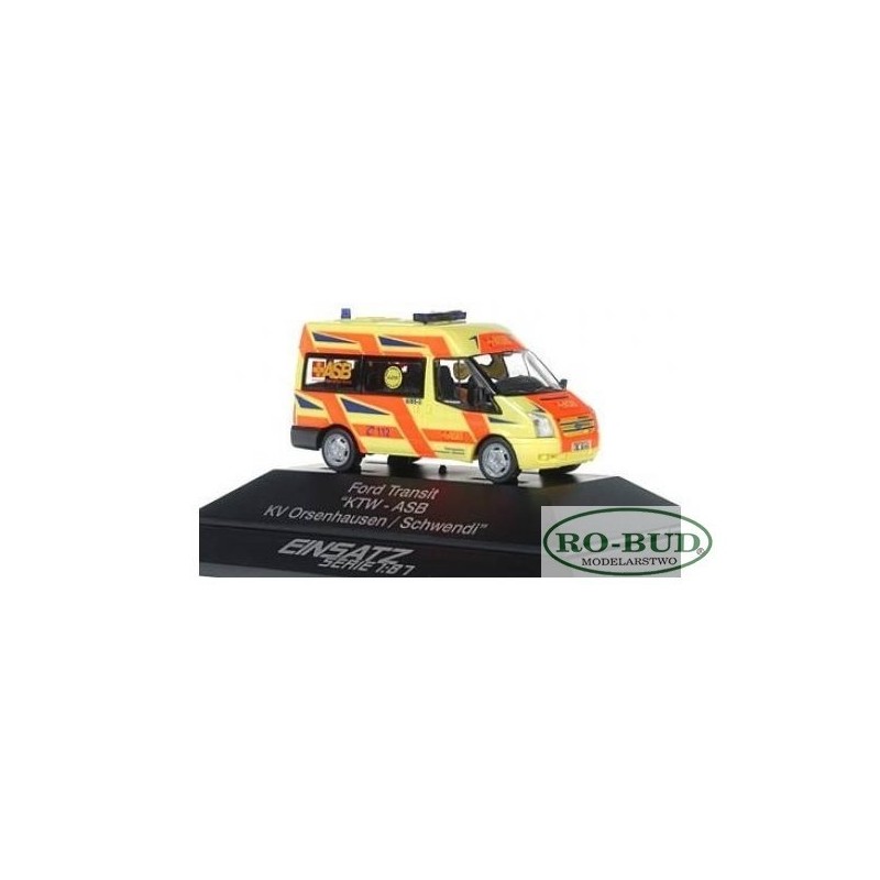 Ford Transit "KTW-ASB KV Orsenhausen / Schwendi", 1/87, RO-BUD. Żółto-pomarańczowy model pojazdu.