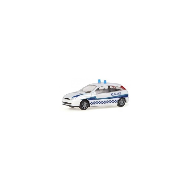 Model redukcyjny Ford Focus Policia Local (E), skala 1:87. Biały z niebieskimi detalami i napisem Policia Local.