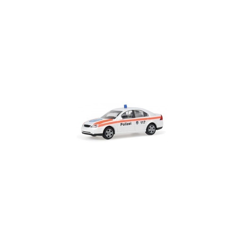 Model redukcyjny Ford Mondeo Stadtpolizei Zurych, skala 1:87. Biały samochód policyjny z pomarańczowymi pasami i napisem "Polize