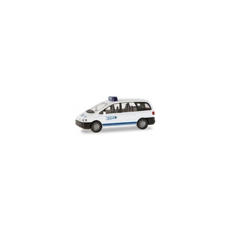 Model redukcyjny FORD Galaxy THW, skala 1:87. Biały samochód z niebieskimi akcentami i napisem "Technische Hilfe".