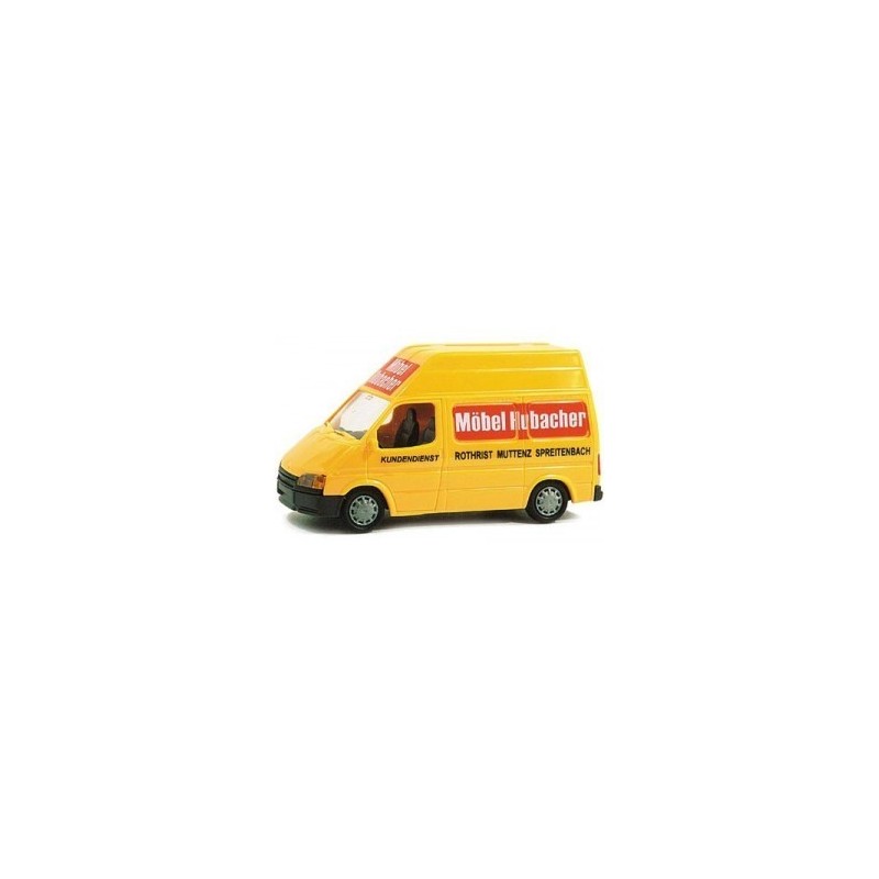 Model redukcyjny FORD Transit, skala 1:87, Möbel Hubacher. Żółty van z czerwonym logo.