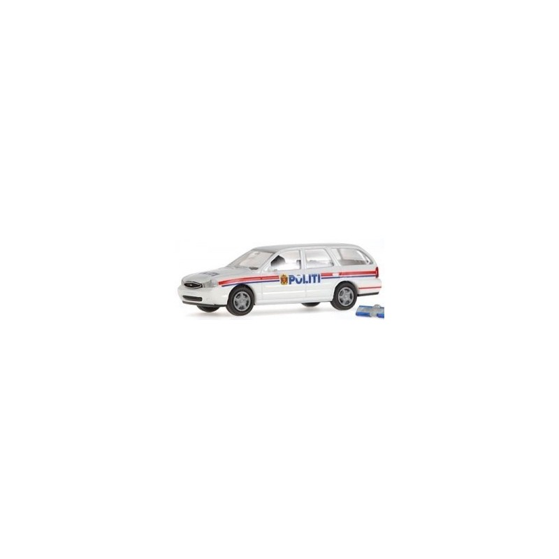 Model redukcyjny FORD Mondeo Turnier Politi, skala 1:87, biały z czerwono-niebieskimi pasami i logo policji.