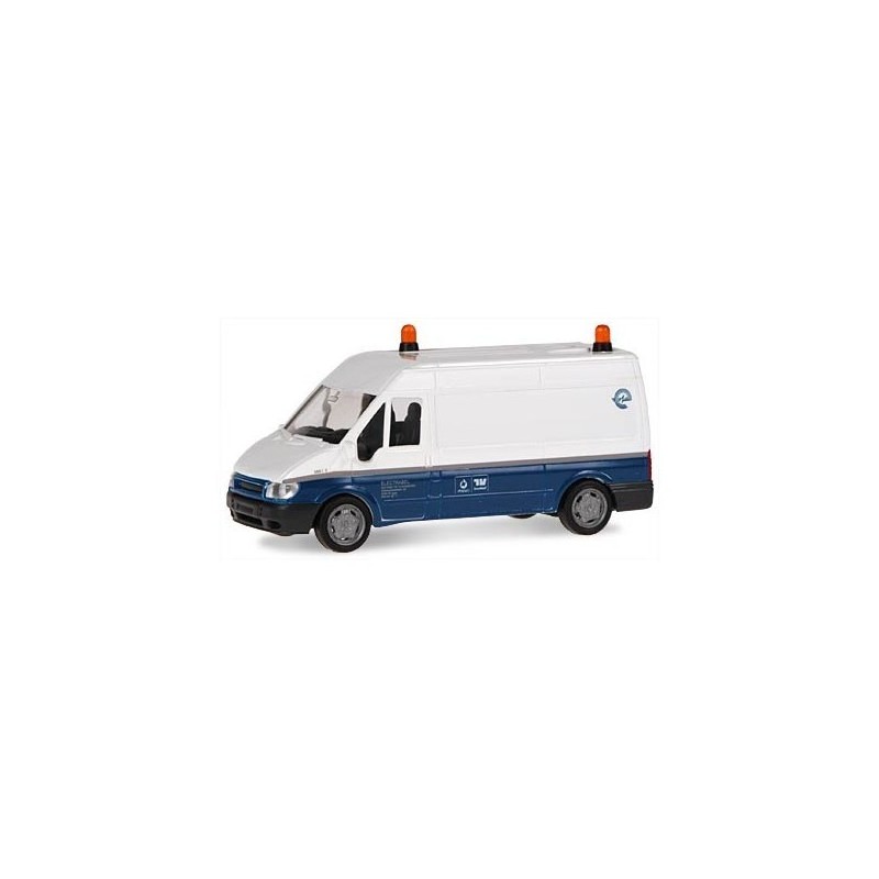Model redukcyjny FORD Transit 2000 Electrabel, skala 1:87. Biały i niebieski lakier, logo Electrabel.