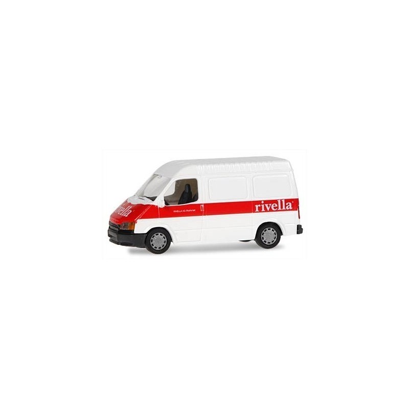 Model redukcyjny FORD Transit Rivella, skala 1:87. Biały van z czerwonym paskiem i logo Rivella.