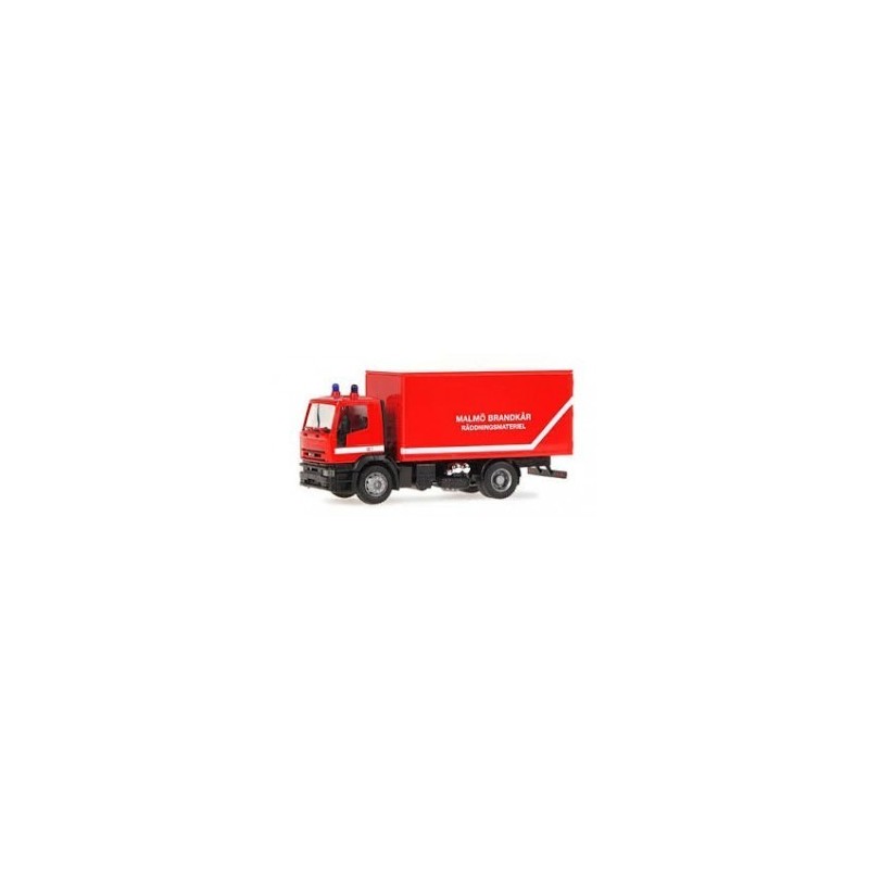 Model redukcyjny IVECO Eurotech MalmĂ¶ Brandkar, skala 1:87. Czerwony samochód z napisami.