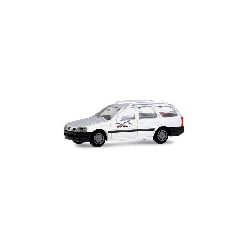 Model redukcyjny FORD Escort Security SNCB, skala 1:87, biały z czarnymi akcentami, napis SECURITY.