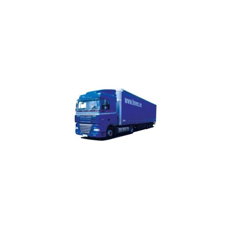 Model DAF XF 105, skala 1:87, AWM. Kolor fioletowy, naczepa z logo Hoves.