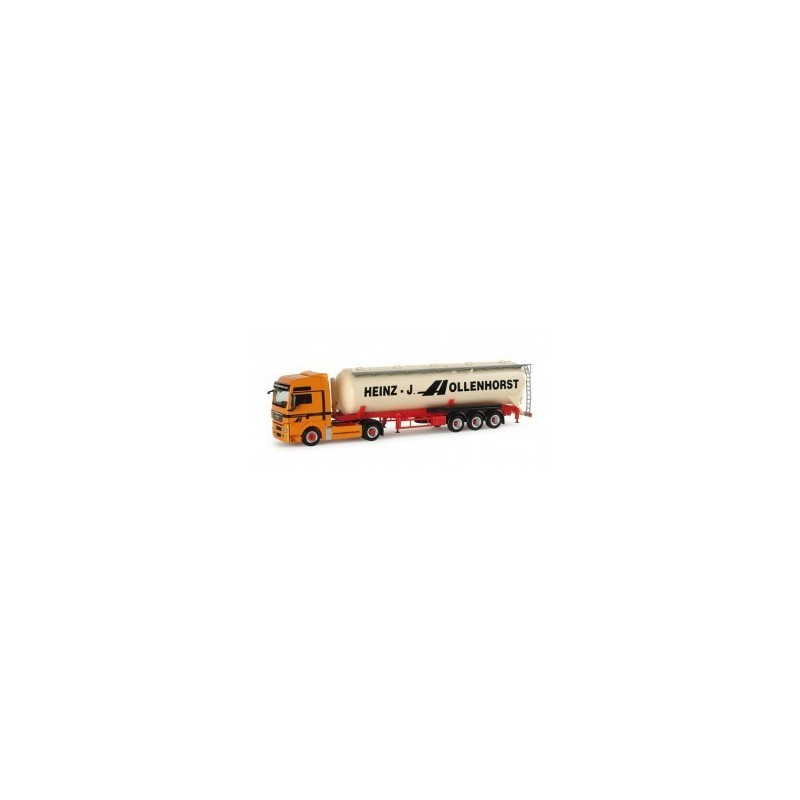 Model redukcyjny MAN TGX XXL "Hollenhorst", skala 1:87, Herpa. Pomarańczowy ciągnik, biała cysterna z logo.