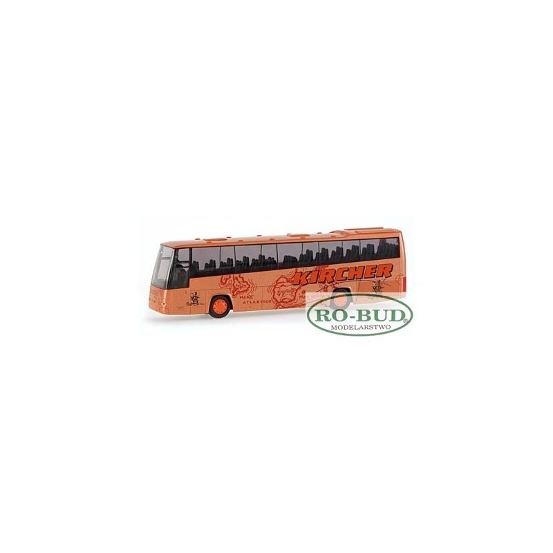 Model redukcyjny autobusu Volvo B12-600 Kircher, skala 1:87. Pomarańczowy, z czarnymi oknami i logo Kircher.