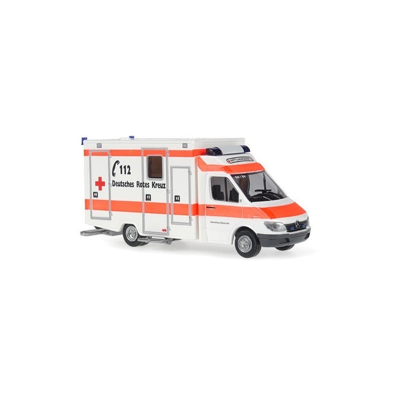 Model redukcyjny MB Sprinter RTW "DRK Heppenheim", skala 1:87, Rietze. Biała karetka z pomarańczowymi pasami, czerwonym krzyżem 