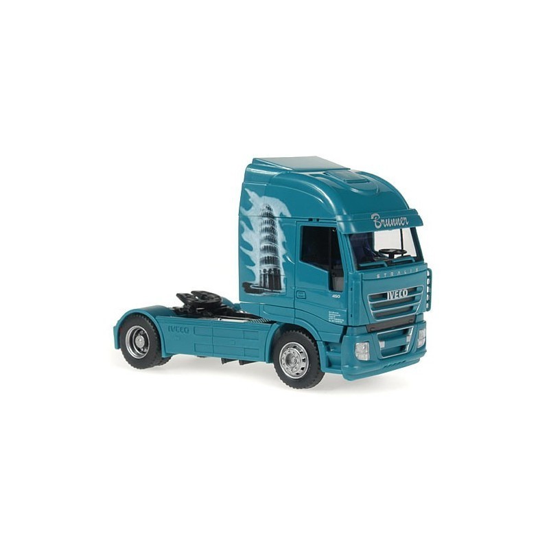 Model redukcyjny IVECO Stralis, skala 1:87, Dragbil. Malowanie w kolorach niebieskim z grafiką, logo Brunner.