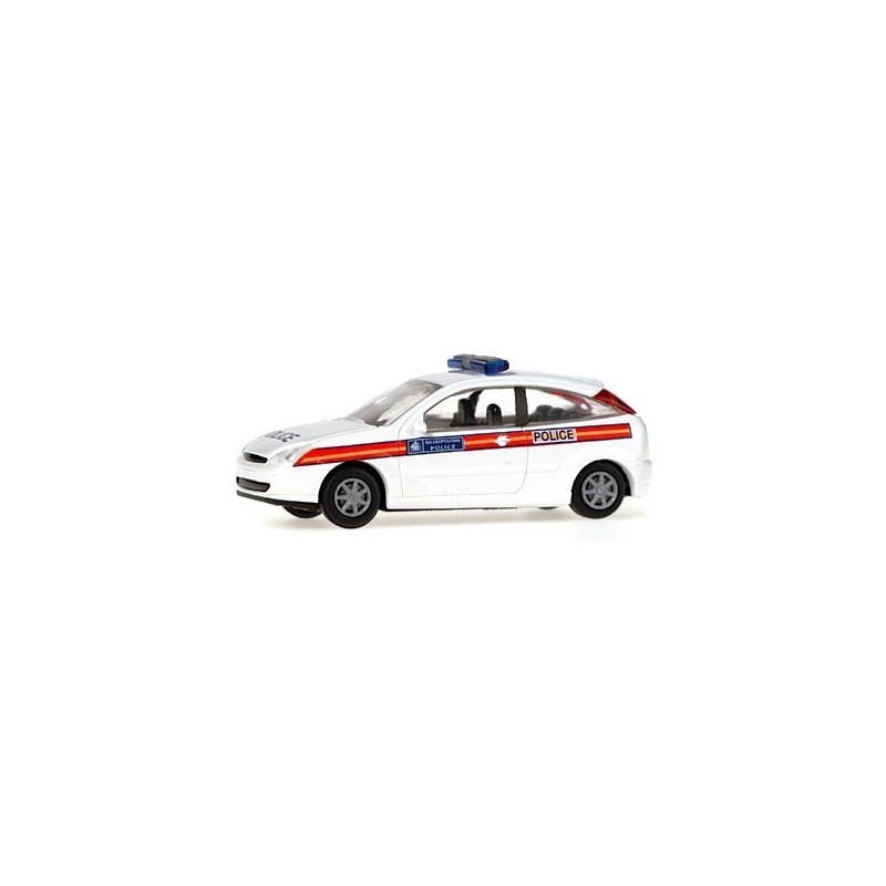 Model redukcyjny FORD Focus Metropolitan Police, skala 1:87. Biały samochód policyjny z czerwono-niebieskimi pasami.