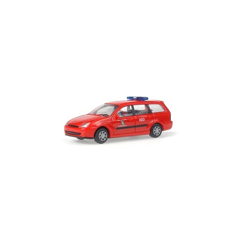 Model redukcyjny Ford Focus Turnier FFW Heiligenkreuz am Waasen, skala 1:87, czerwony samochód ratowniczy z sygnalizacją.