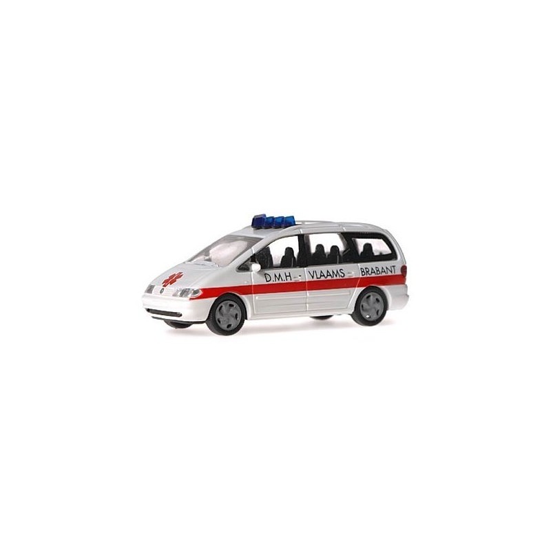 Model redukcyjny VW Sharan, skala 1:87, biały z czerwonym paskiem i napisem D.M.H Vlaams Brabant.