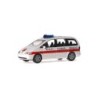 Model redukcyjny VW Sharan, skala 1:87, biały z czerwonym paskiem i napisem D.M.H Vlaams Brabant.